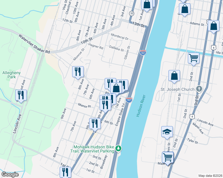 map of restaurants, bars, coffee shops, grocery stores, and more near 307 9th Street in Watervliet