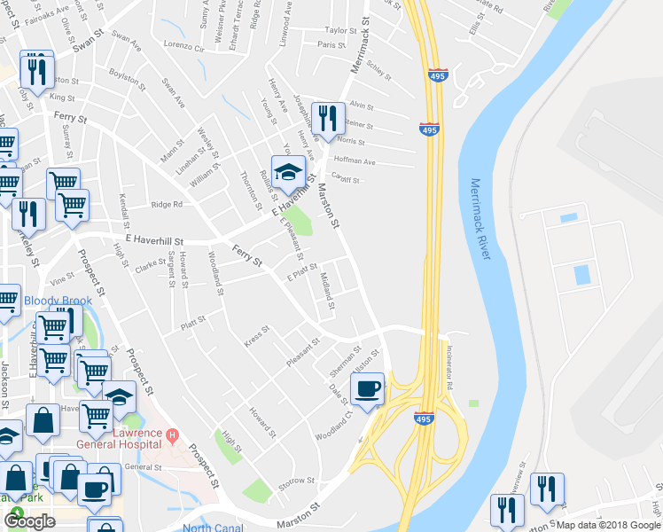map of restaurants, bars, coffee shops, grocery stores, and more near 174 Marston Street in Lawrence