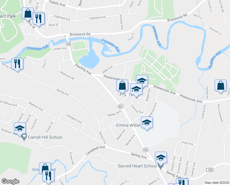 map of restaurants, bars, coffee shops, grocery stores, and more near 171 Pawling Avenue in Troy