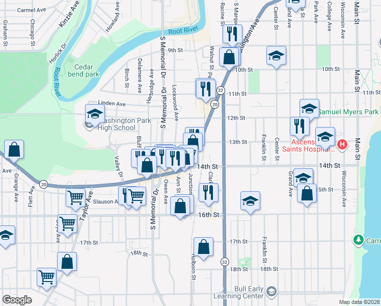 map of restaurants, bars, coffee shops, grocery stores, and more near 1330 13th Street in Racine