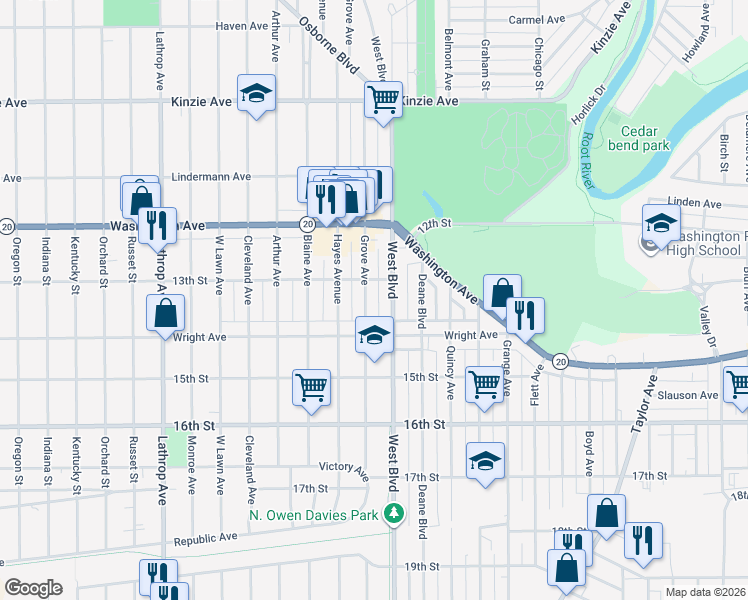 map of restaurants, bars, coffee shops, grocery stores, and more near 1254 Grove Avenue in Racine
