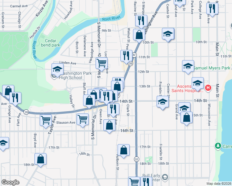 map of restaurants, bars, coffee shops, grocery stores, and more near 1330 13th Street in Racine
