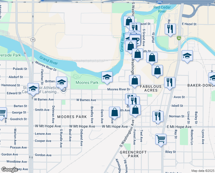 map of restaurants, bars, coffee shops, grocery stores, and more near 316 Moores River Drive in Lansing