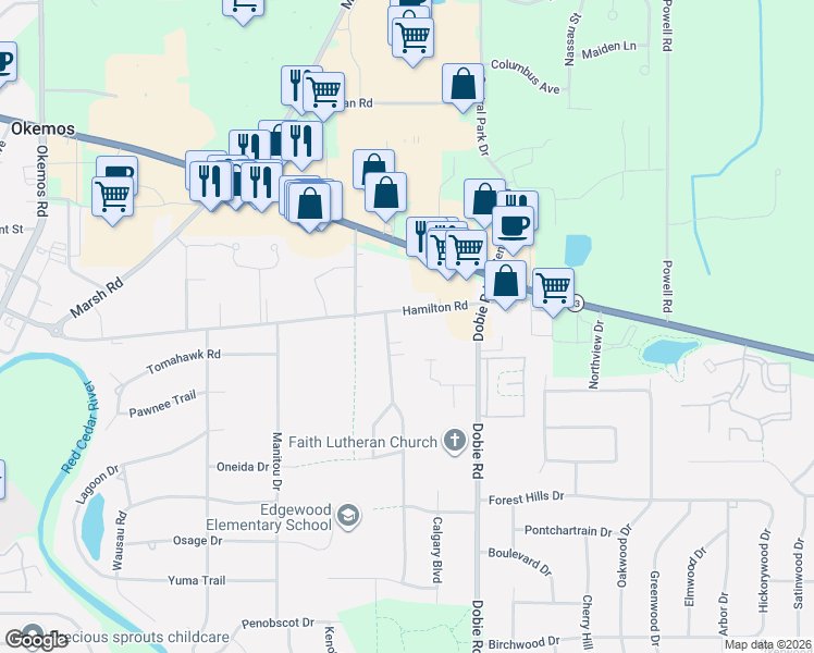 map of restaurants, bars, coffee shops, grocery stores, and more near 1785 Hamilton Road in Meridian charter Township