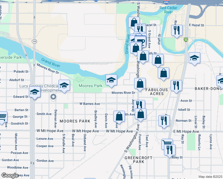 map of restaurants, bars, coffee shops, grocery stores, and more near 316 Moores River Drive in Lansing