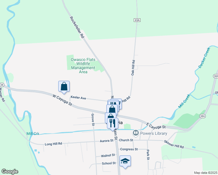 map of restaurants, bars, coffee shops, grocery stores, and more near 202 North Main Street in Moravia