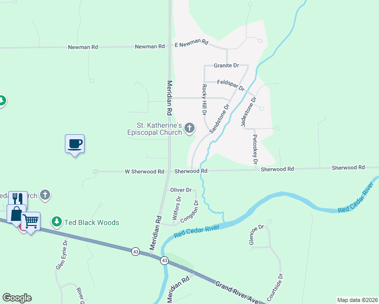 map of restaurants, bars, coffee shops, grocery stores, and more near 4551 Sandstone Drive in Williamston