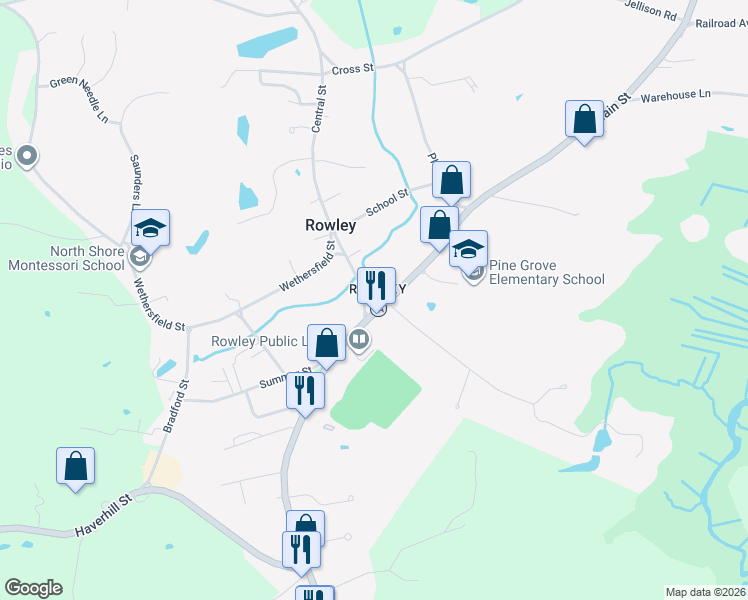 map of restaurants, bars, coffee shops, grocery stores, and more near 20 Central Street in Rowley