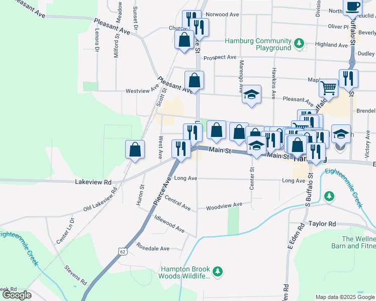 map of restaurants, bars, coffee shops, grocery stores, and more near 24 Linwood Avenue in Hamburg