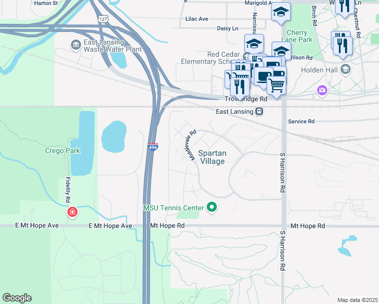 map of restaurants, bars, coffee shops, grocery stores, and more near 1552-1584 Middlevale Rd in East Lansing