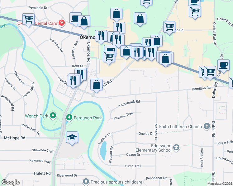 map of restaurants, bars, coffee shops, grocery stores, and more near 2002 Hamilton Road in Meridian charter Township