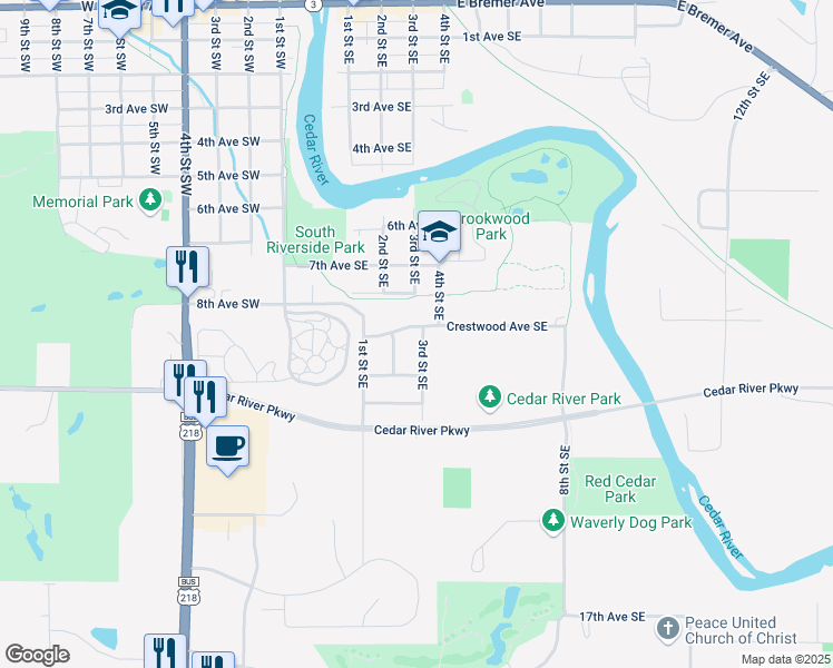 map of restaurants, bars, coffee shops, grocery stores, and more near 800-898 4th St SE in Waverly