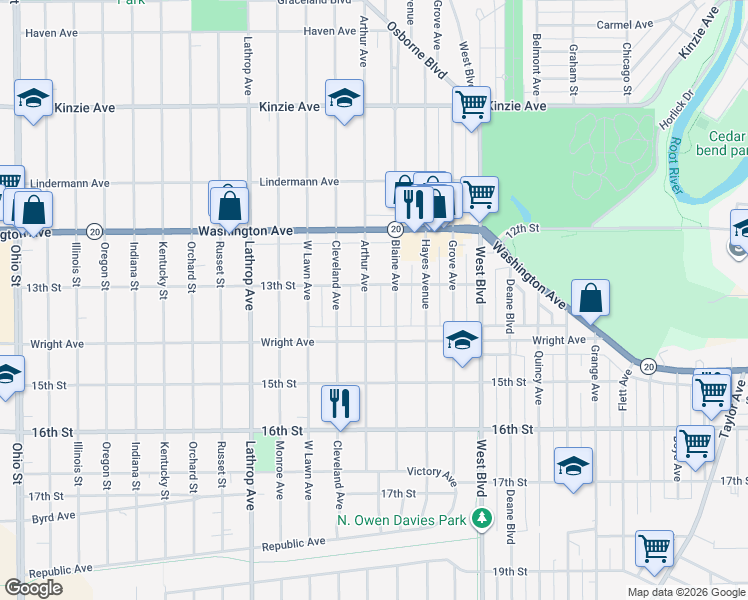 map of restaurants, bars, coffee shops, grocery stores, and more near 3412 13th Street in Racine