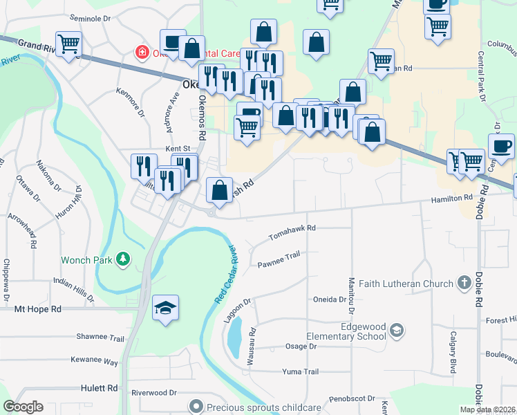 map of restaurants, bars, coffee shops, grocery stores, and more near 4684 Marsh Road in Meridian charter Township