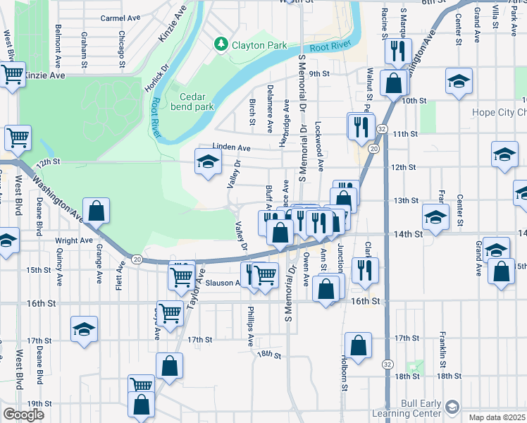 map of restaurants, bars, coffee shops, grocery stores, and more near 1244 Bluff Avenue in Racine