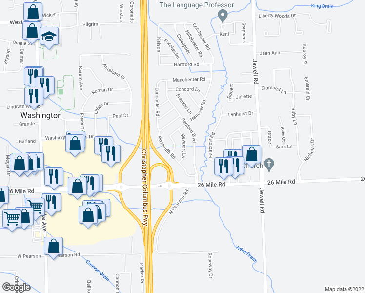 map of restaurants, bars, coffee shops, grocery stores, and more near 57297 Newport Lane in Washington