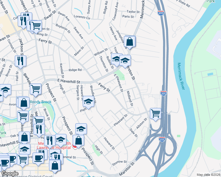 map of restaurants, bars, coffee shops, grocery stores, and more near 6 Silesia Court in Lawrence