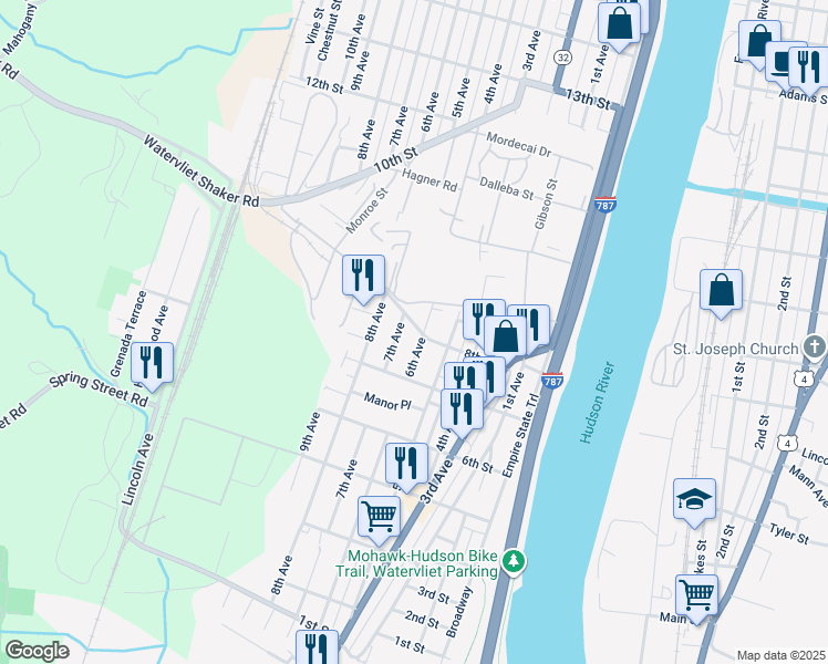 map of restaurants, bars, coffee shops, grocery stores, and more near 536 8th Street in Watervliet