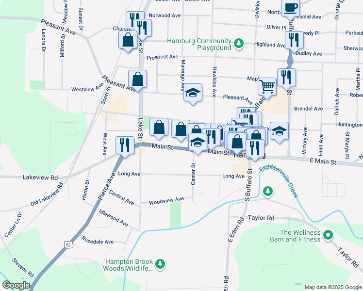 map of restaurants, bars, coffee shops, grocery stores, and more near 169 Main Street in Hamburg