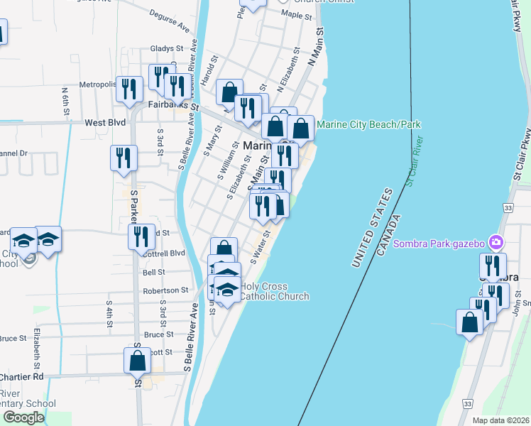 map of restaurants, bars, coffee shops, grocery stores, and more near 245 South Market Street in Marine City
