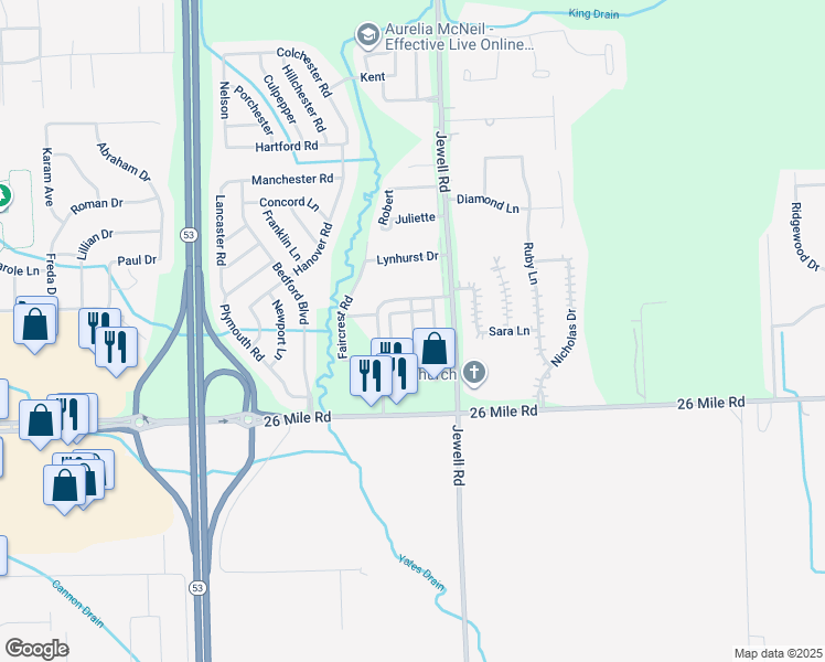 map of restaurants, bars, coffee shops, grocery stores, and more near 57248 Sycamore Drive in Washington