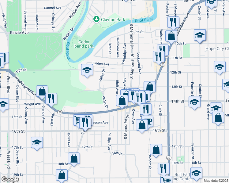 map of restaurants, bars, coffee shops, grocery stores, and more near 1244 Bluff Avenue in Racine