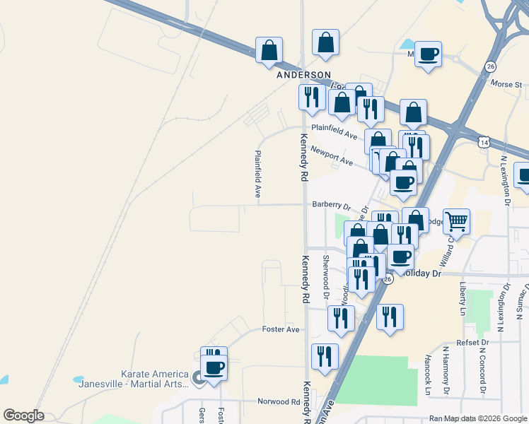 map of restaurants, bars, coffee shops, grocery stores, and more near 1312 Barberry Drive in Janesville