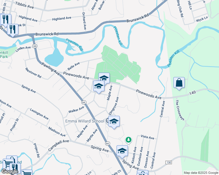 map of restaurants, bars, coffee shops, grocery stores, and more near 155 Maple Avenue in Troy