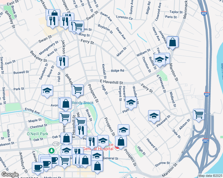 map of restaurants, bars, coffee shops, grocery stores, and more near 143 East Haverhill Street in Lawrence