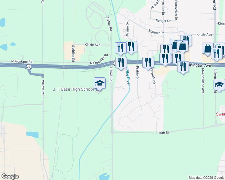 map of restaurants, bars, coffee shops, grocery stores, and more near 1441 Oakes Road in Racine