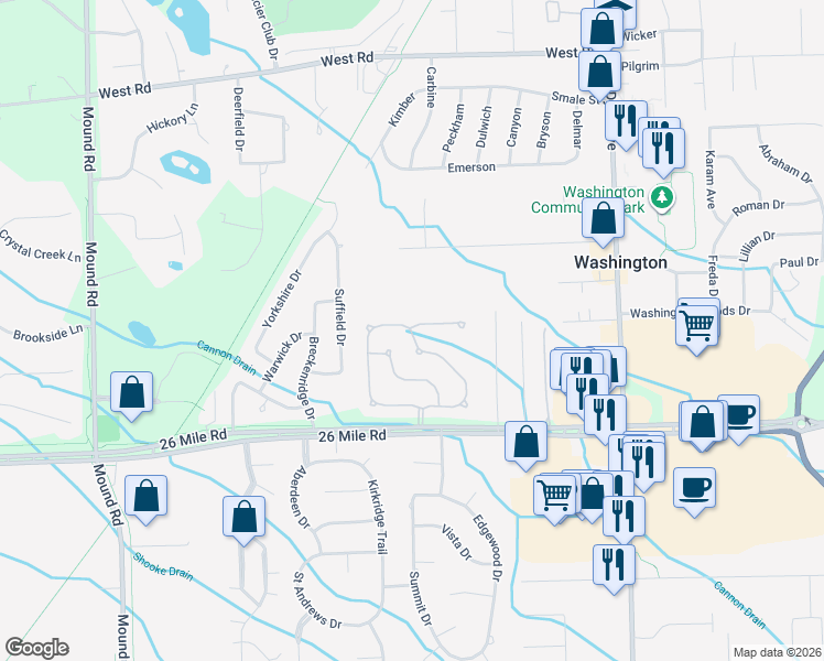 map of restaurants, bars, coffee shops, grocery stores, and more near 27438 Copper Creek Drive in Washington