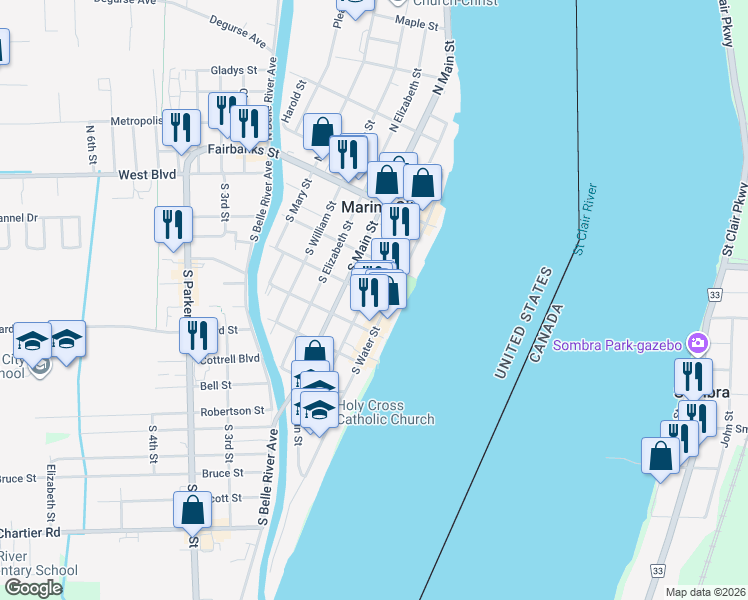 map of restaurants, bars, coffee shops, grocery stores, and more near 245 South Market Street in Marine City