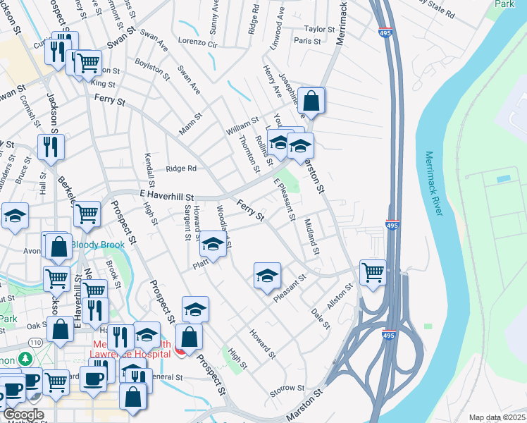 map of restaurants, bars, coffee shops, grocery stores, and more near 6 Silesia Court in Lawrence