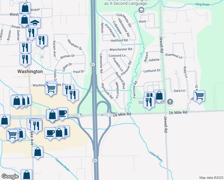 map of restaurants, bars, coffee shops, grocery stores, and more near 57290 Hanover Road in Washington