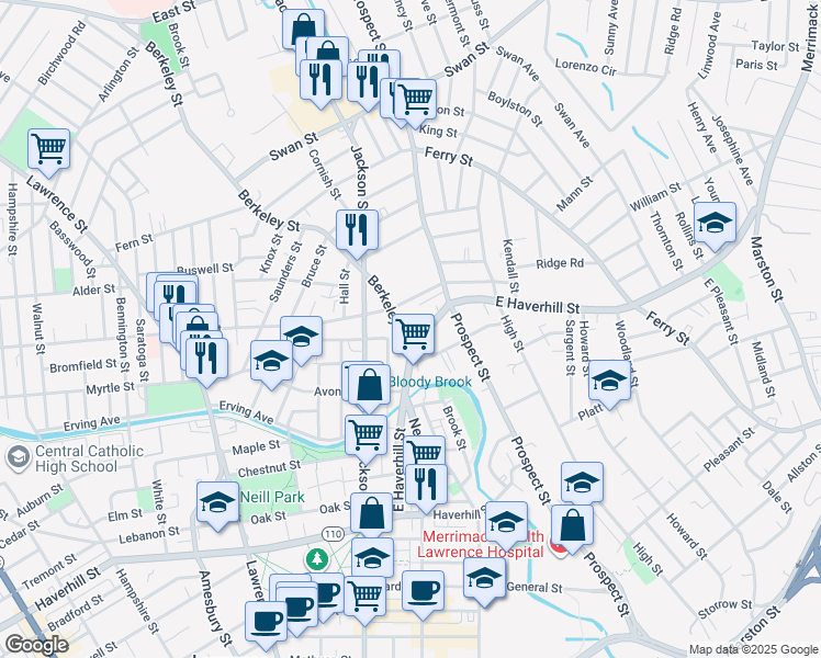 map of restaurants, bars, coffee shops, grocery stores, and more near 94-96 East Haverhill Street in Lawrence