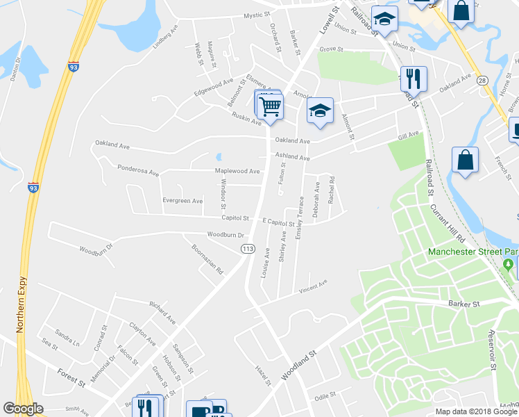 map of restaurants, bars, coffee shops, grocery stores, and more near 7 Hampshire Street in Methuen