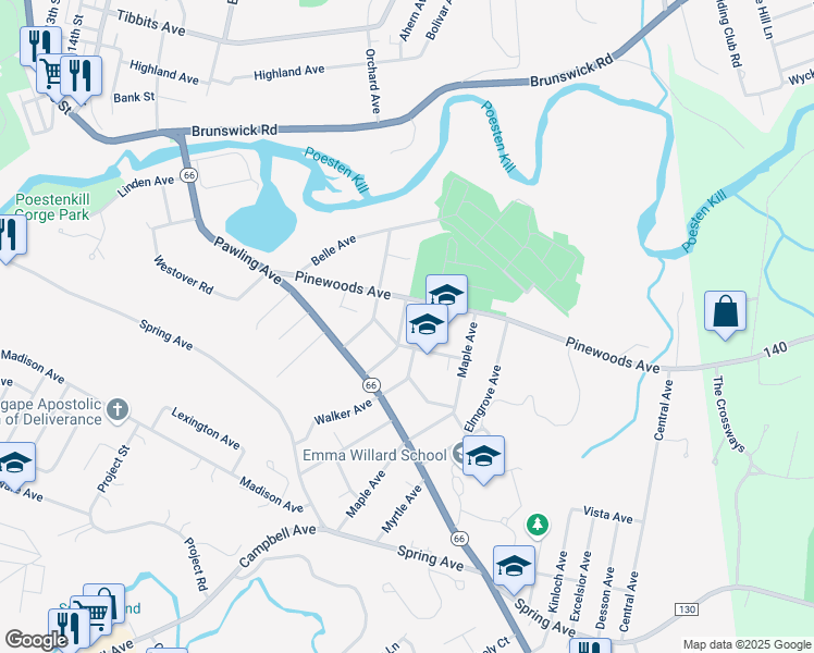 map of restaurants, bars, coffee shops, grocery stores, and more near 12 Larch Avenue in Troy