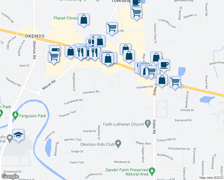 map of restaurants, bars, coffee shops, grocery stores, and more near 1846 Hamilton Road in Meridian charter Township