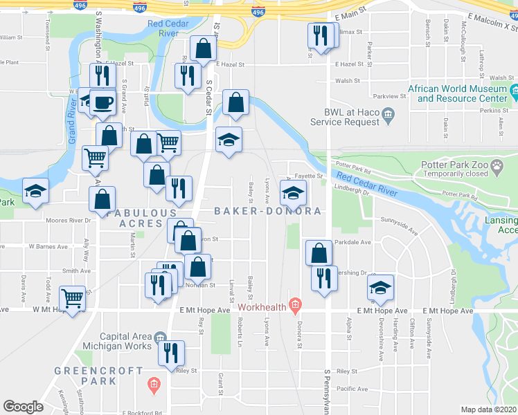 map of restaurants, bars, coffee shops, grocery stores, and more near 1418 Bailey Street in Lansing