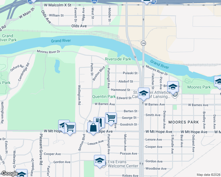 map of restaurants, bars, coffee shops, grocery stores, and more near 1510 Park Avenue in Lansing