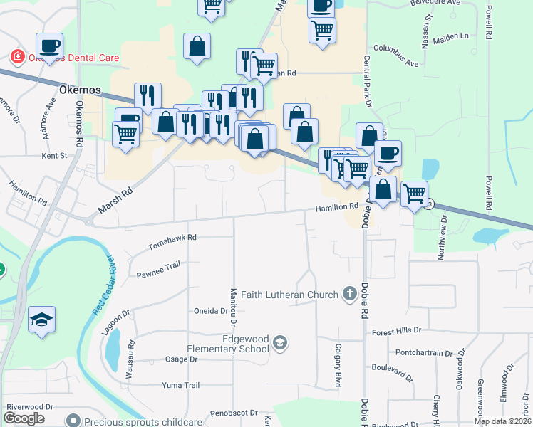 map of restaurants, bars, coffee shops, grocery stores, and more near 1856 Hamilton Road in Meridian charter Township
