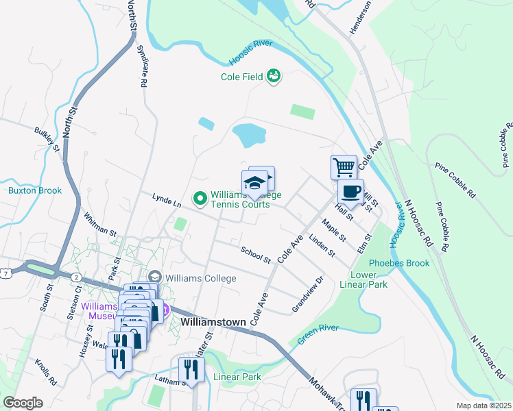 map of restaurants, bars, coffee shops, grocery stores, and more near 115 Church Street in Williamstown