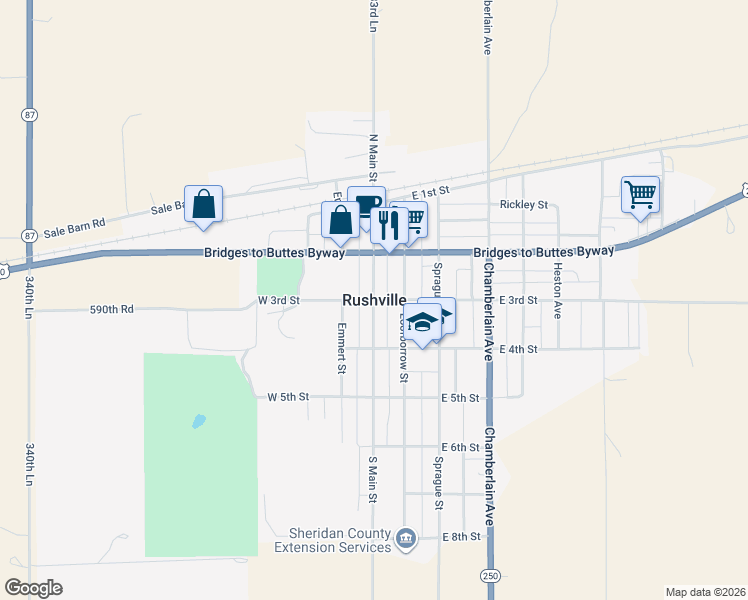 map of restaurants, bars, coffee shops, grocery stores, and more near in Rushville