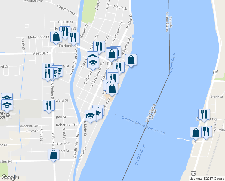 map of restaurants, bars, coffee shops, grocery stores, and more near 260 South Water Street in Marine City