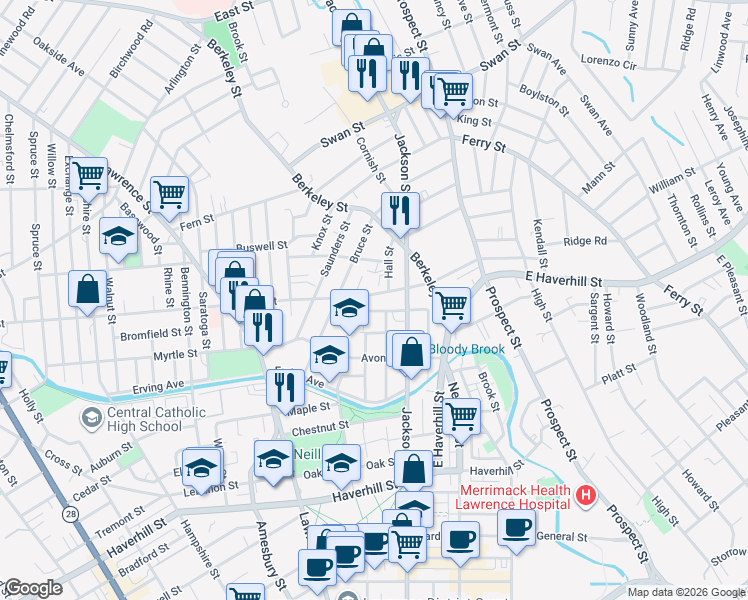 map of restaurants, bars, coffee shops, grocery stores, and more near 37 Park Street in Lawrence