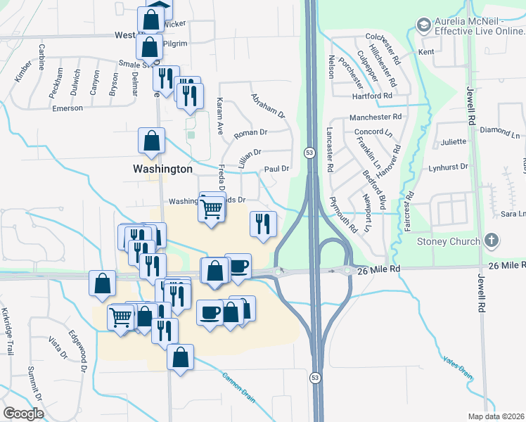 map of restaurants, bars, coffee shops, grocery stores, and more near 8516 Washington Woods Drive in Washington