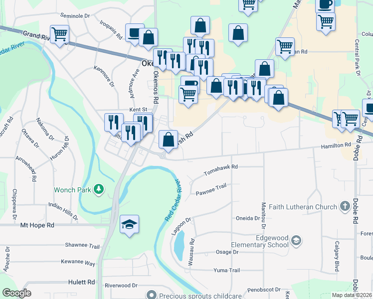 map of restaurants, bars, coffee shops, grocery stores, and more near 4684 Marsh Road in Meridian charter Township