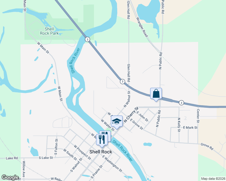 map of restaurants, bars, coffee shops, grocery stores, and more near 1024 Triangle Drive in Shell Rock