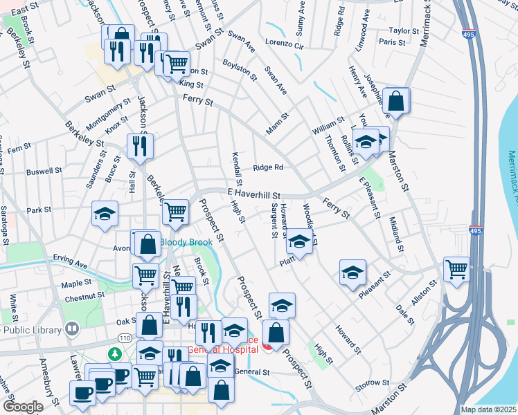 map of restaurants, bars, coffee shops, grocery stores, and more near 143 East Haverhill Street in Lawrence