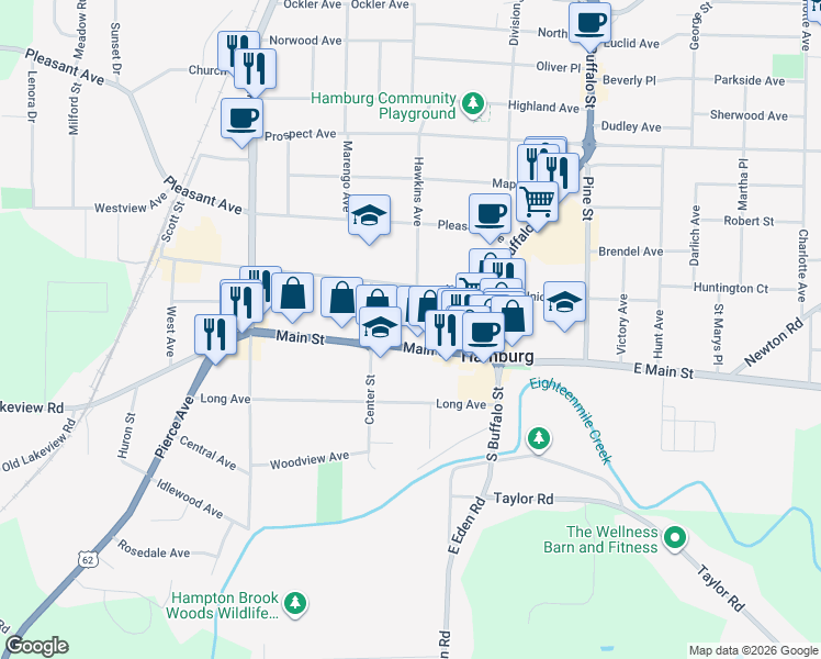map of restaurants, bars, coffee shops, grocery stores, and more near 87 Main Street in Hamburg